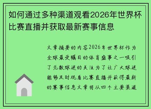 如何通过多种渠道观看2026年世界杯比赛直播并获取最新赛事信息